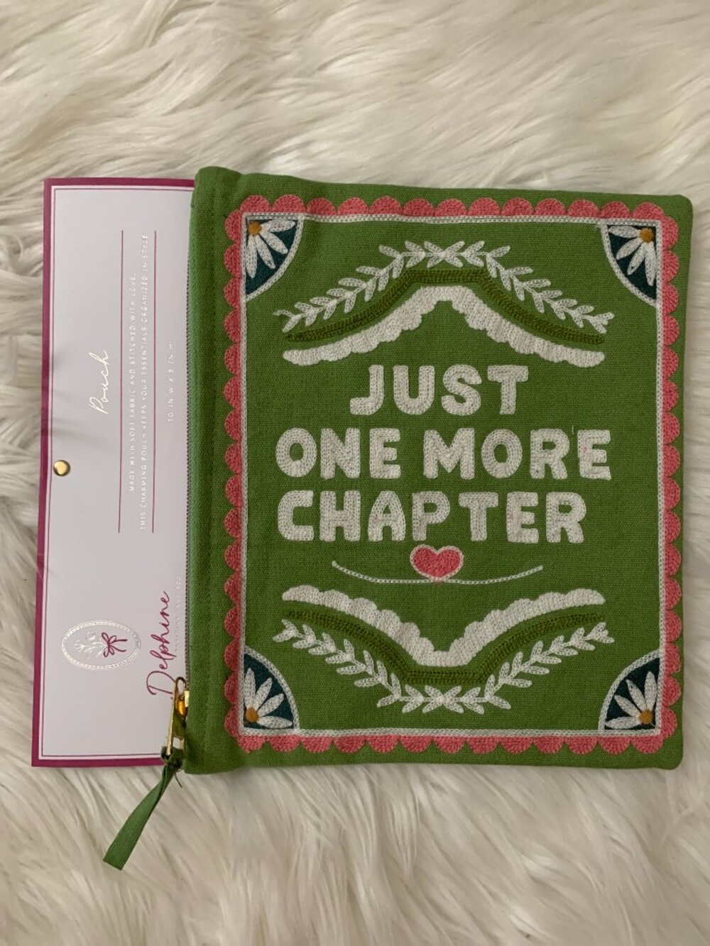 DELPHINE Just One More Chapter Embroidered Pouch in Green/Pink/White